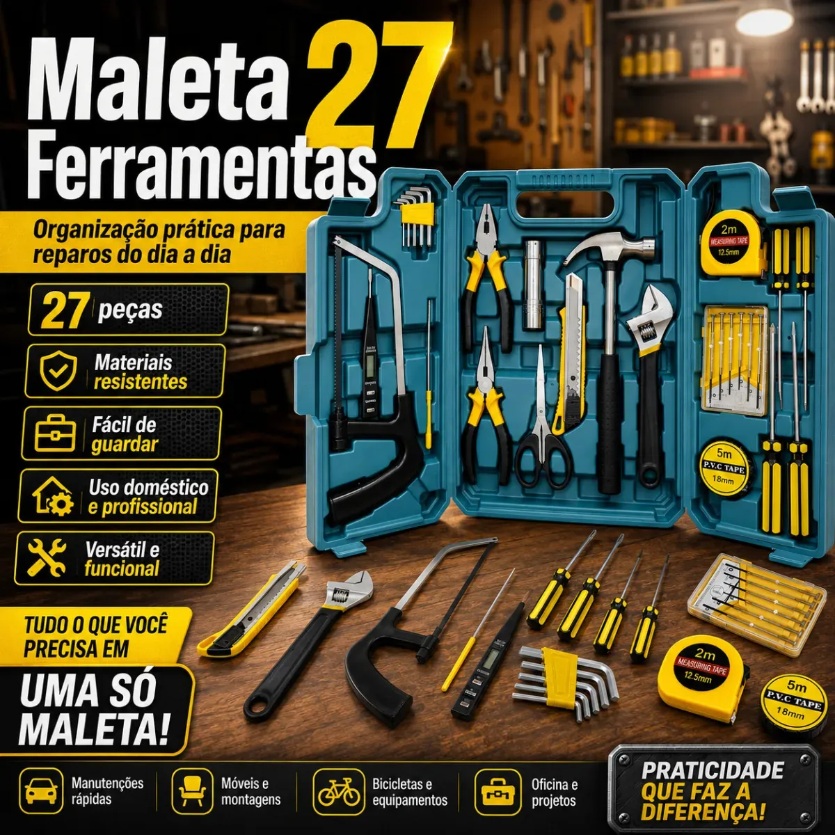 Kit Maleta Jogo Ferramentas 27 Peças Residencial Completa! Chave Inglesa, Estilete, Chaves Allen, Fenda, Phillips...