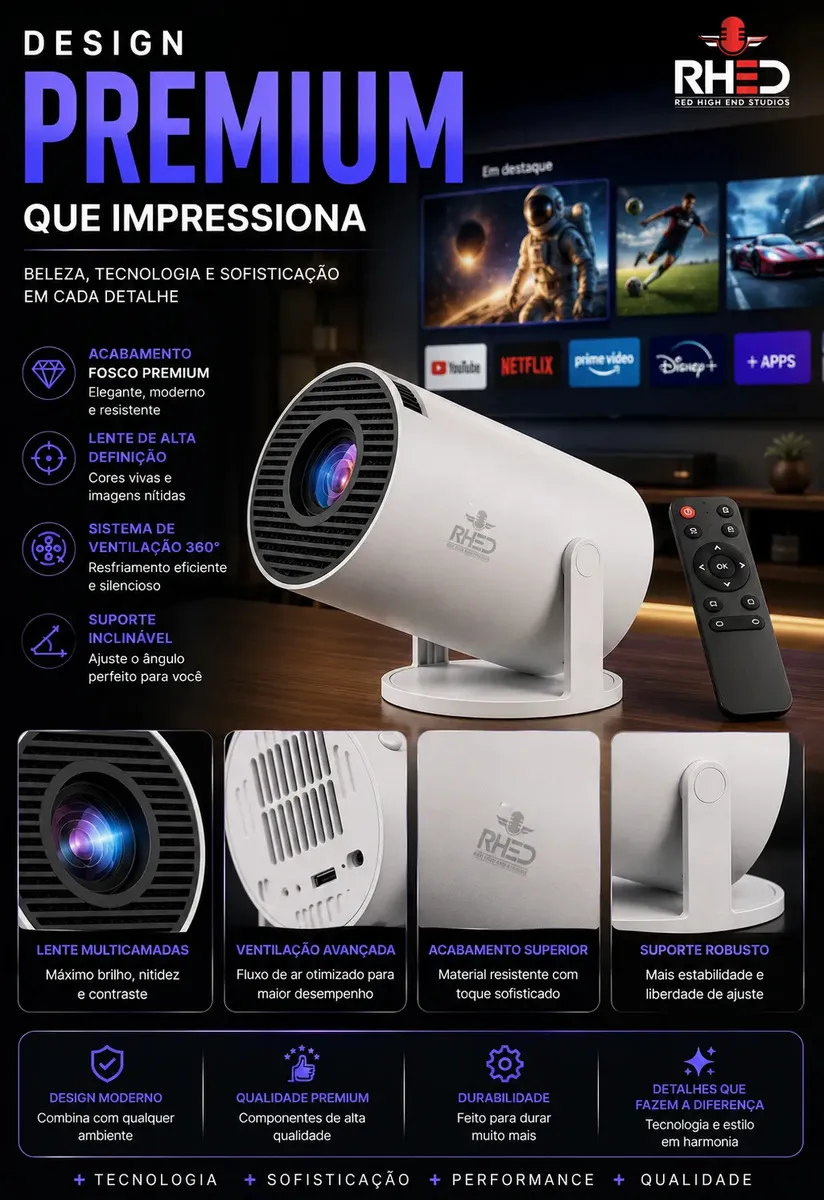 Mini Projetor Smart Portátil Full Hd 4k Android 11 Wi-fi Bluetooth. Cinema em Casa Imagem Nítida