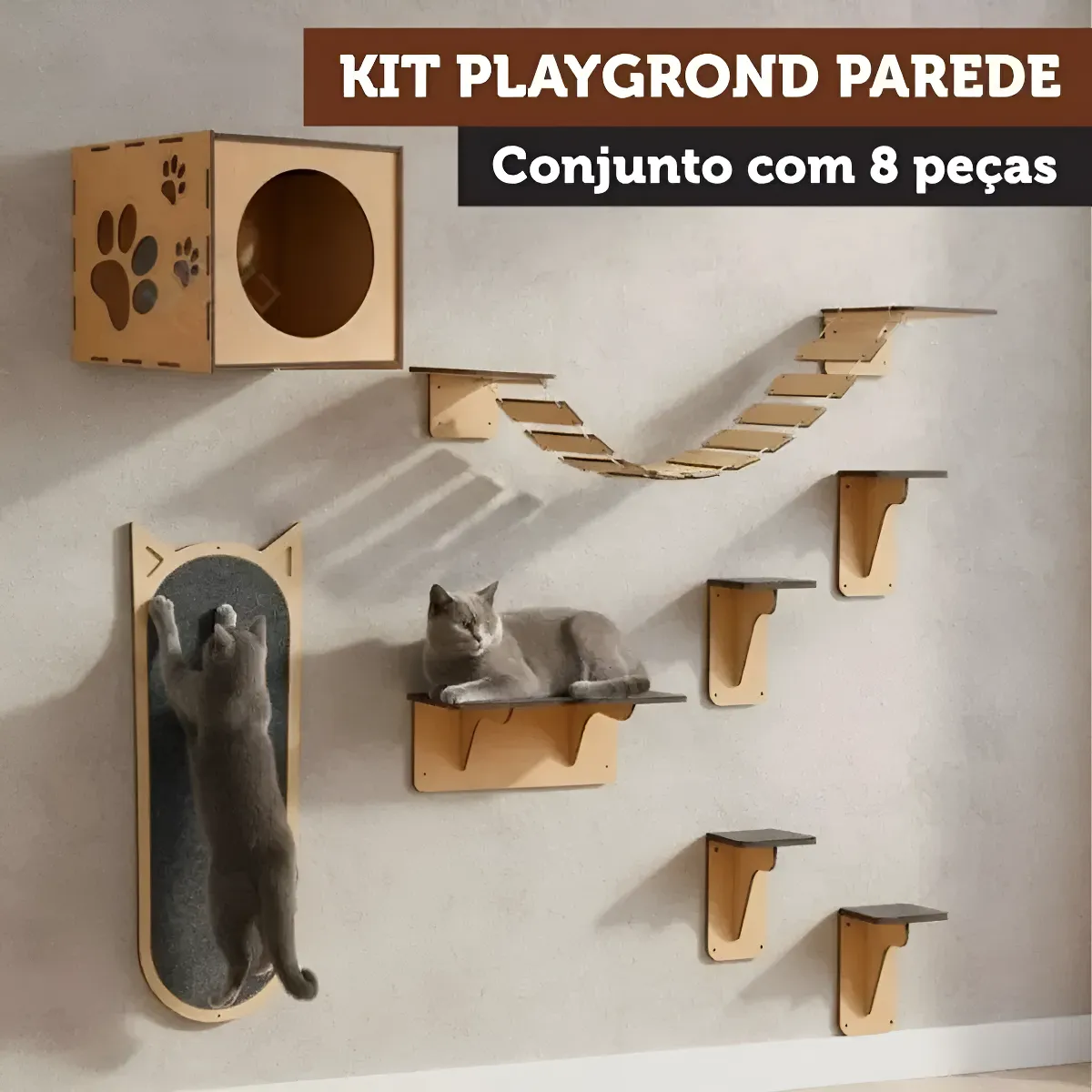 Nicho Gato Parede Mdf Kit 8 Peças Ponte Degraus Arranhador