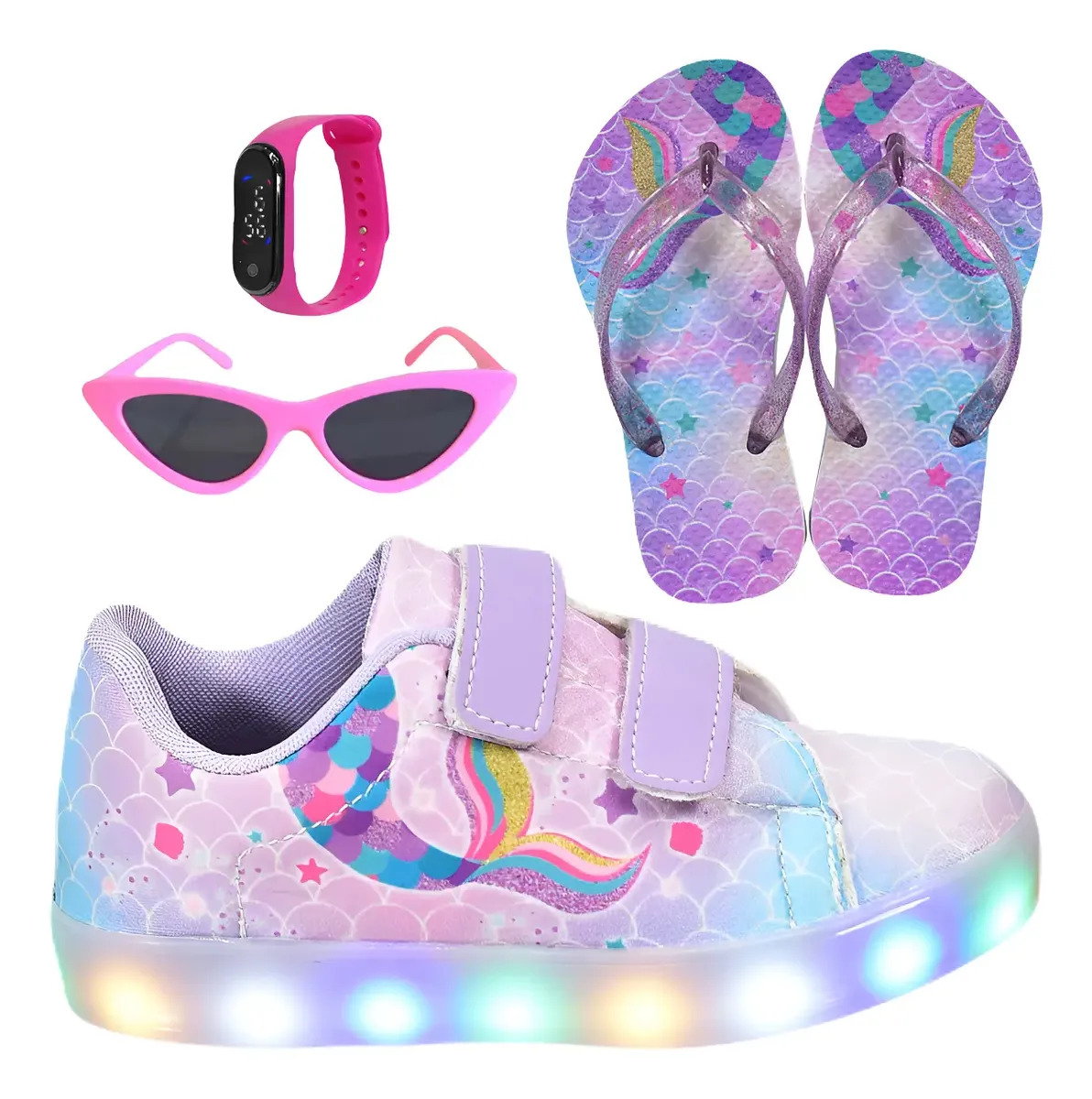 Kit Tênis Infantil Led Meninas Sereia Chinelo Óculos Relógio