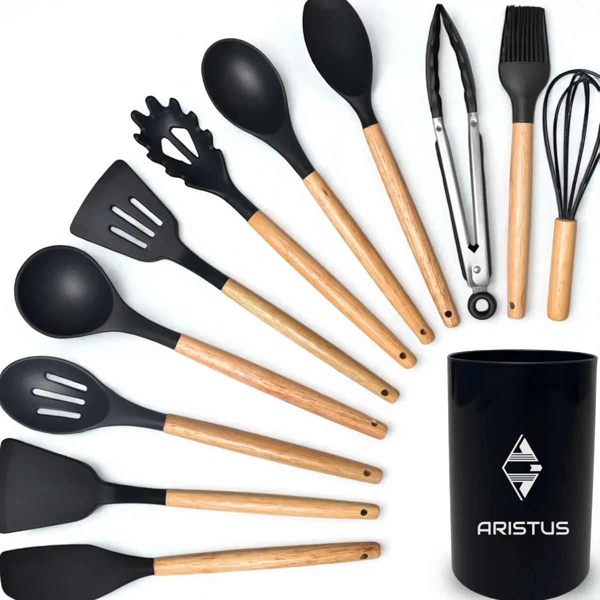 Kit 12 Utensílios de Cozinha em Silicone Premium com Cabo De Madeira Marca Aristus Resistentes ao Calor Até 220°c, Antiaderentes, Duráveis