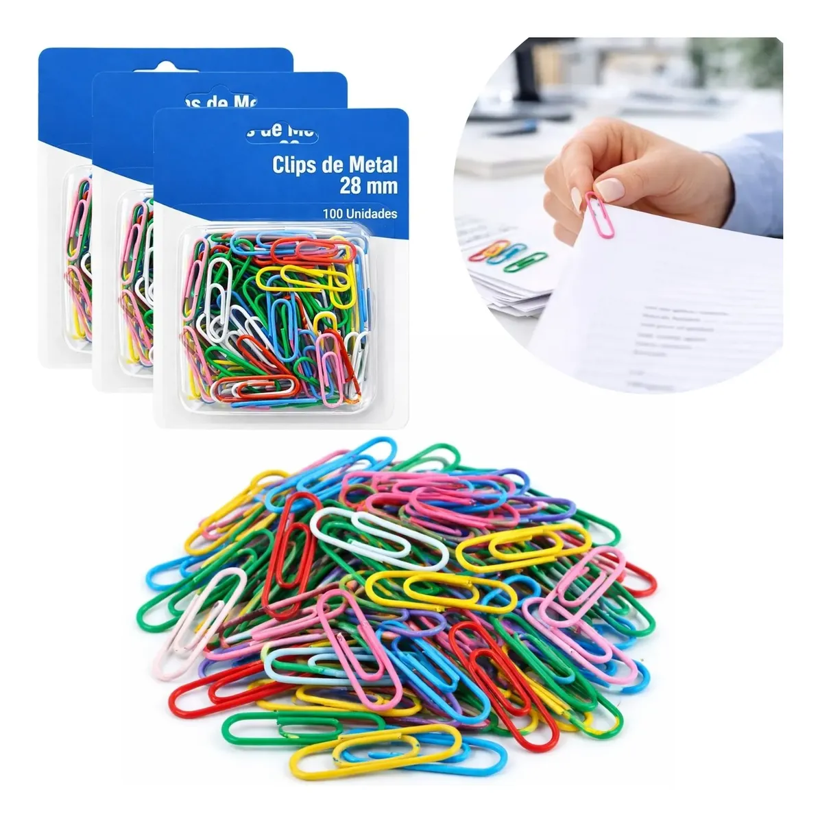 Kit 300 Clips De Papel 28mm 2,8cm Escritório Colorido Office
