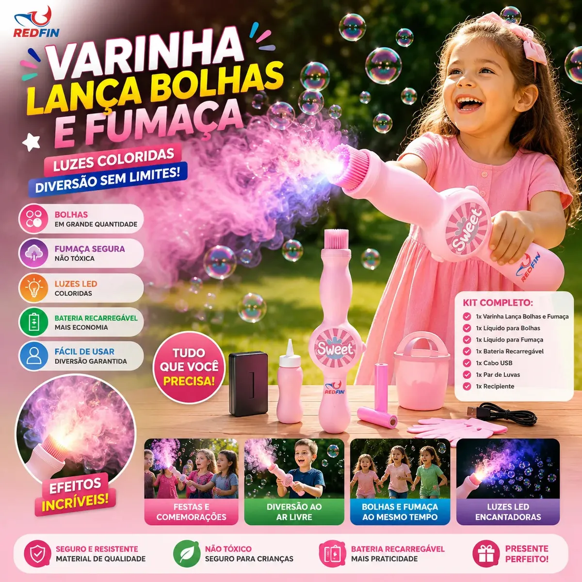Varinha Lança Bolhas e Fumaça Infantil Rosa com Luz LED Recarregável. Diversão ao ar Livre