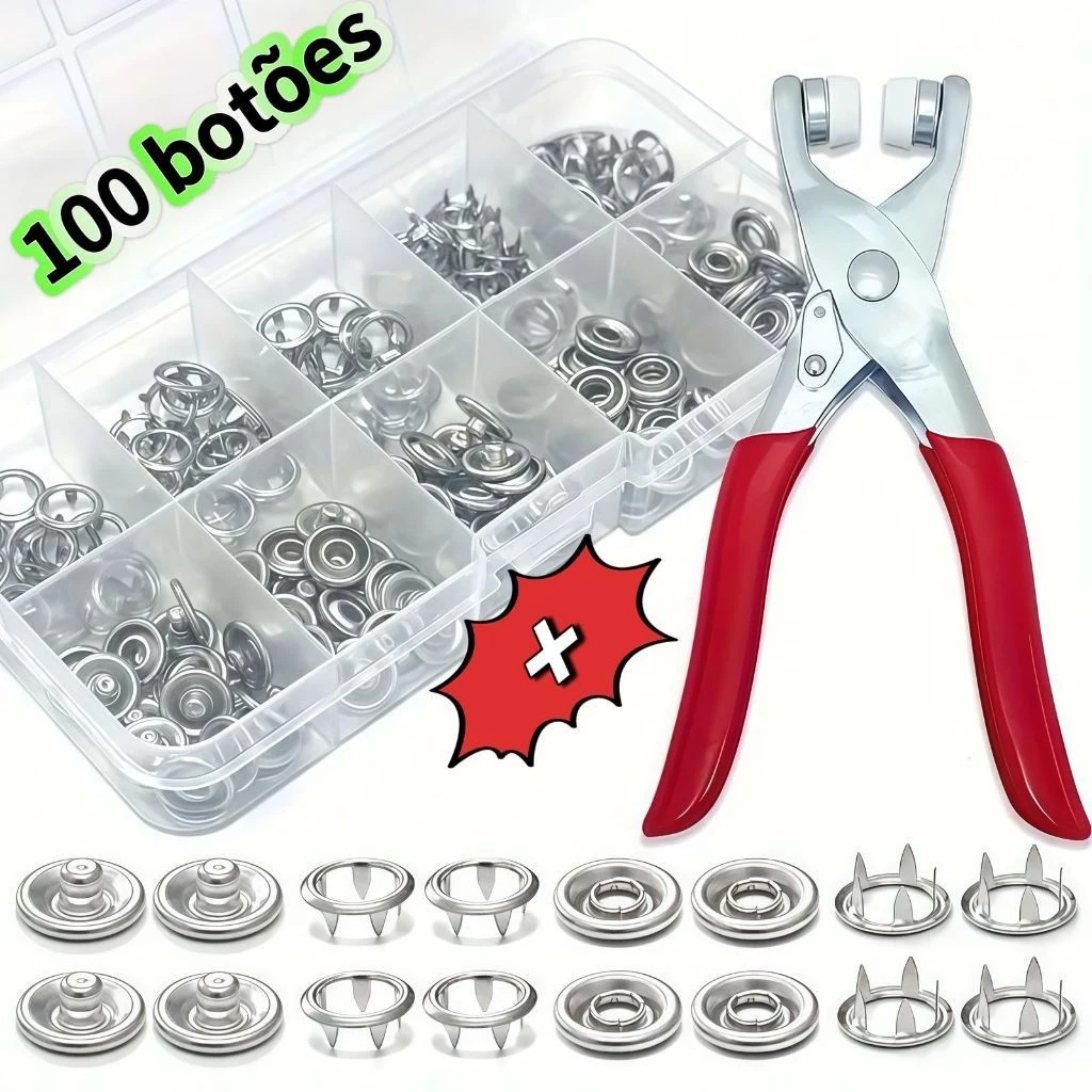 Alicate Aplicador com 100 Botões de Pressão de Metal, Kit Completo para Roupas, Costura e Artesanato