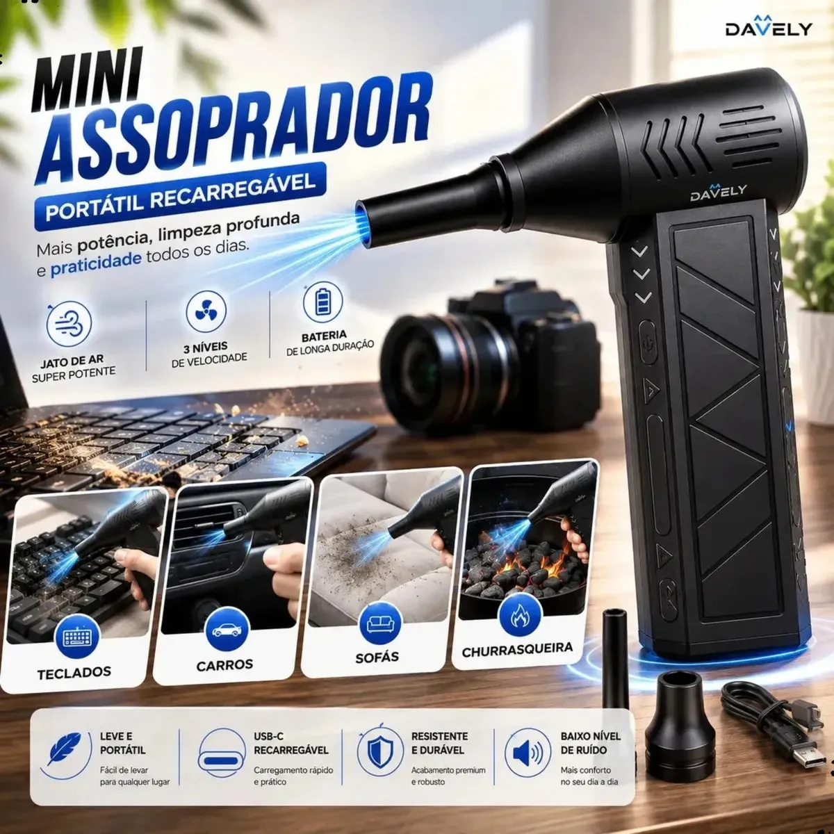 Mini Ventilador Soprador Ar Potente Turbo 130000rpm Elétrico Sem Fio Recarregável USB-C 3 Níveis Jato