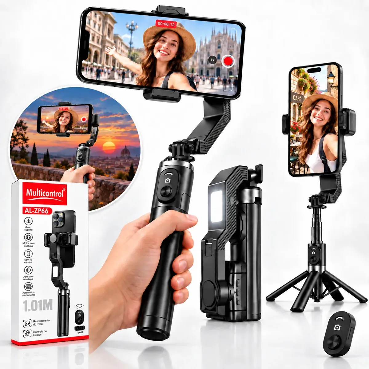 Gimbal MULTICONTROL Q31 Para Celular/Câmera Com Tripé e Luz Integrada