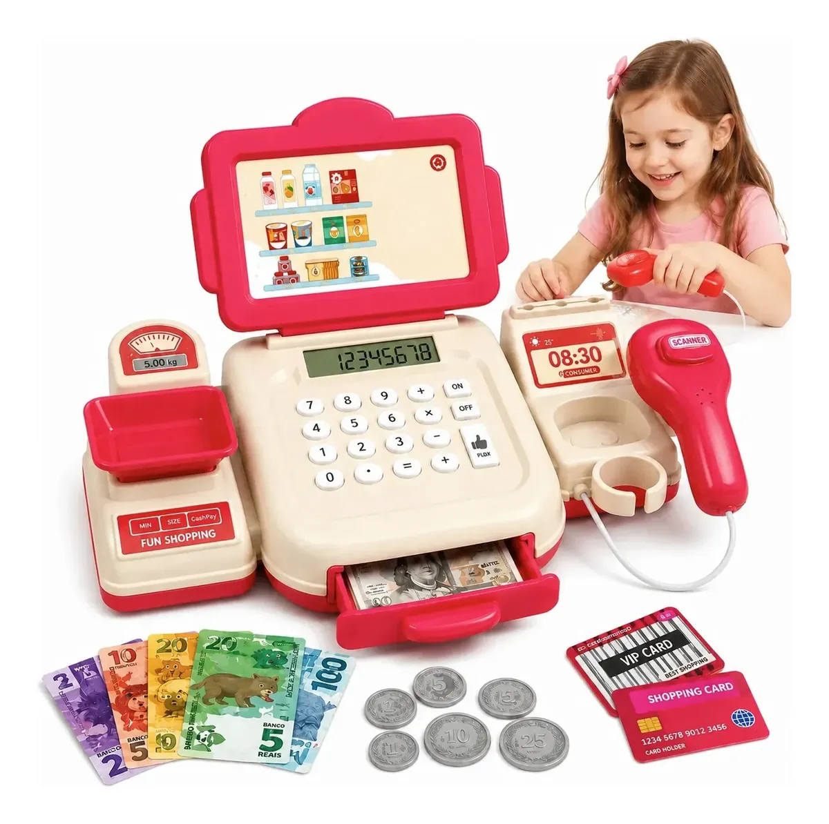 Caixa Registradora Infantil Som Luz Calculadora Acessórios