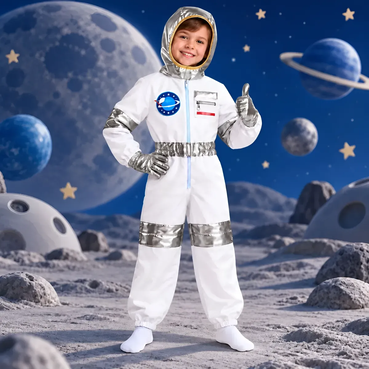 Fantasia Astronauta Infantil Macacão Branco Prateado