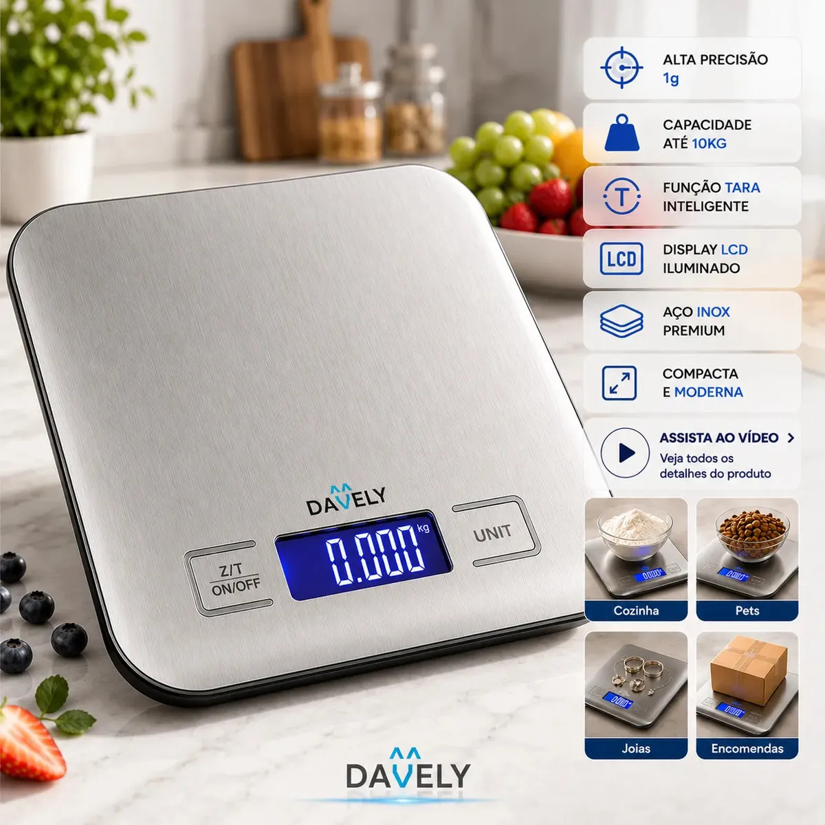 Balança Digital Cozinha 10kg Touch para pesar Alimentos; Confeitaria,Dieta, Fitness Nutricional, Eletrônica Display LCD Aço Inox Função Tara