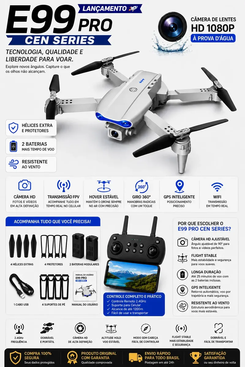 Drone Pro Full Hd Dobrável Wi-fi Câmera Completo 2 Baterias