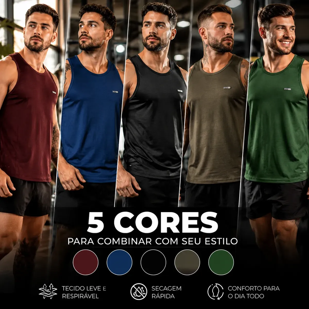 Kit 5 Regatas Dry Fit Masculina Academia Machão Malha Fria