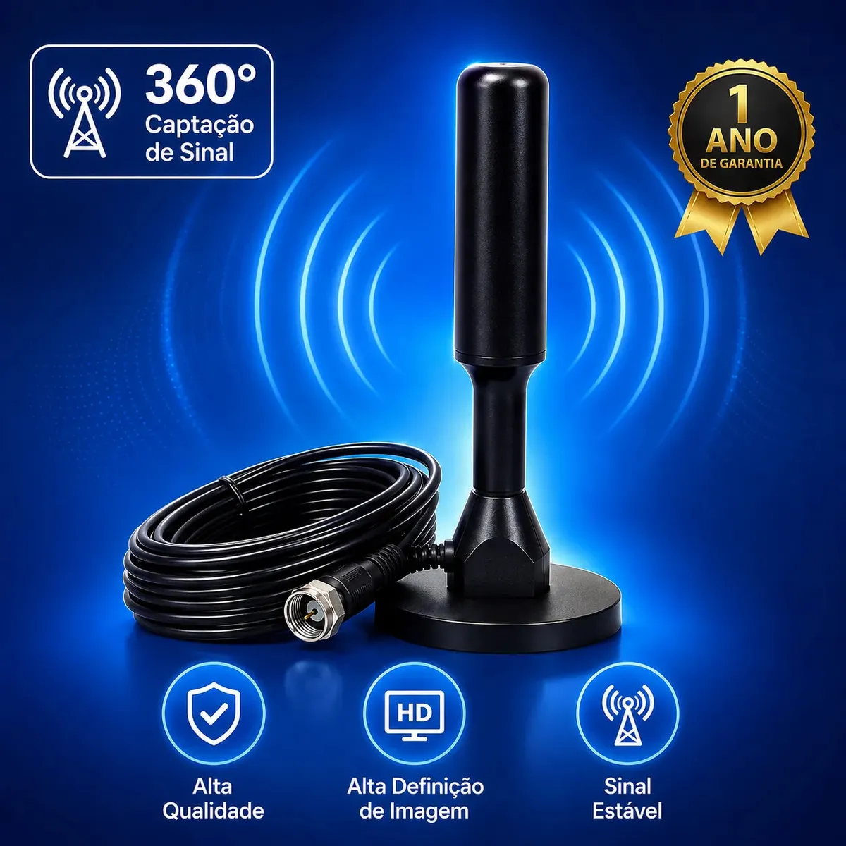 Antena Digital 4k Hd Interna Externa Para Tv Samsung LG Smart Led Lcd 3d Uhf Cabo Longo Com Base Magnética