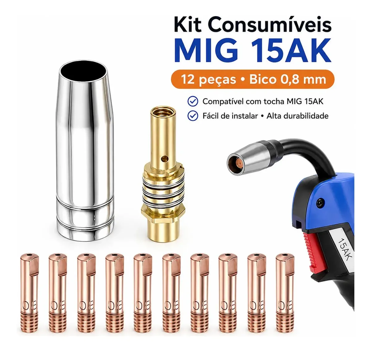 Mig 15ak Bico 0,8mm Difusor Bocal P/ Tocha Solda 12 Pç Kit