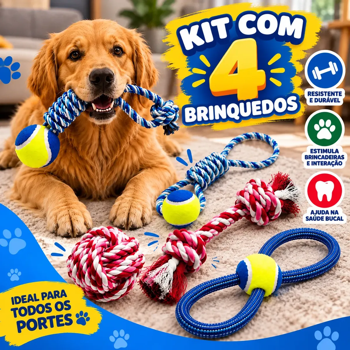4 Brinquedo Pet Corda Resistente Interativo Cachorro Forte