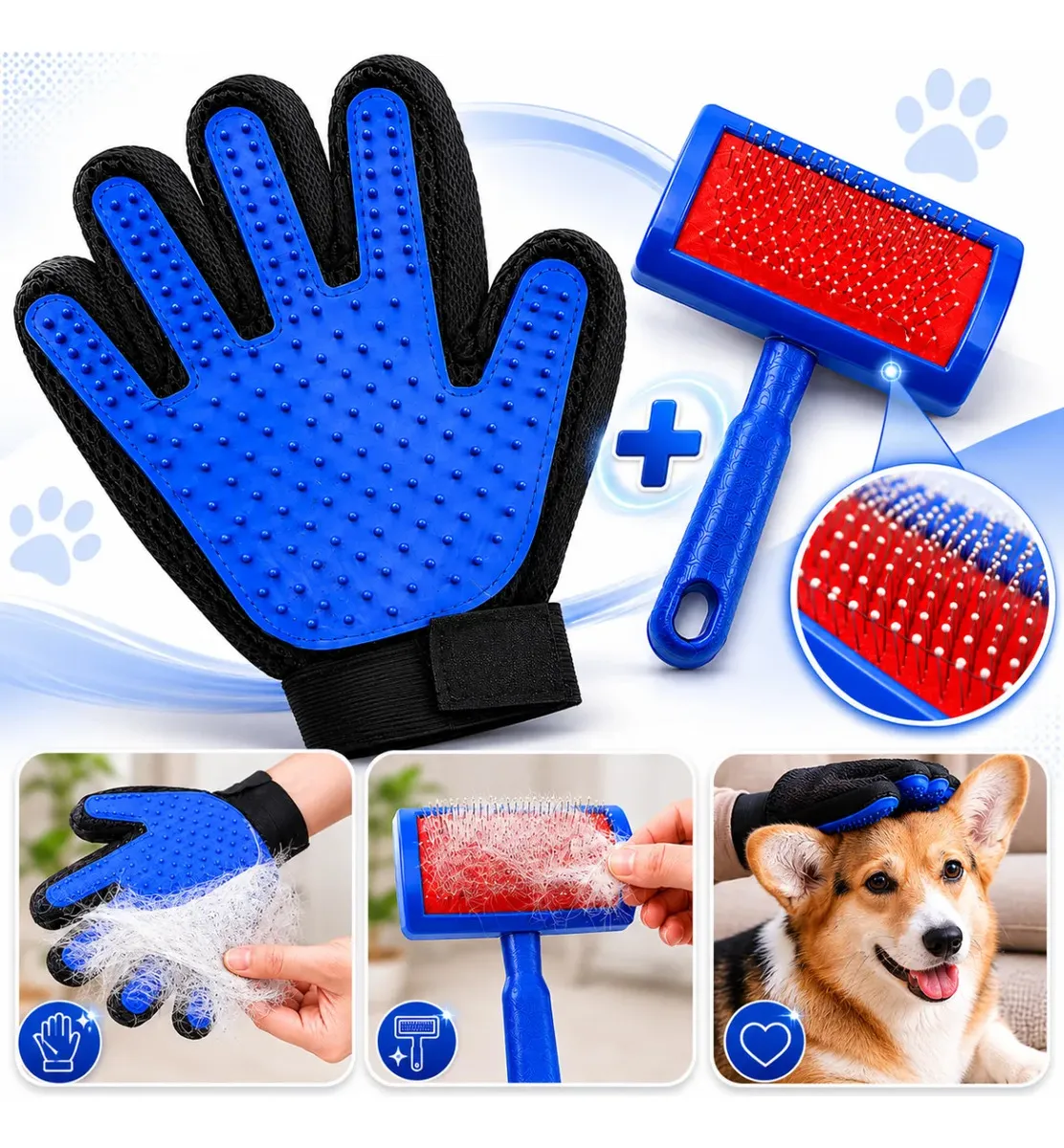 Kit Escova Rasqueadeira Pet + Luva Removedora de Pelos de Cachorro e Gato Tira Pelos Mortos Pelo Longo e Curto