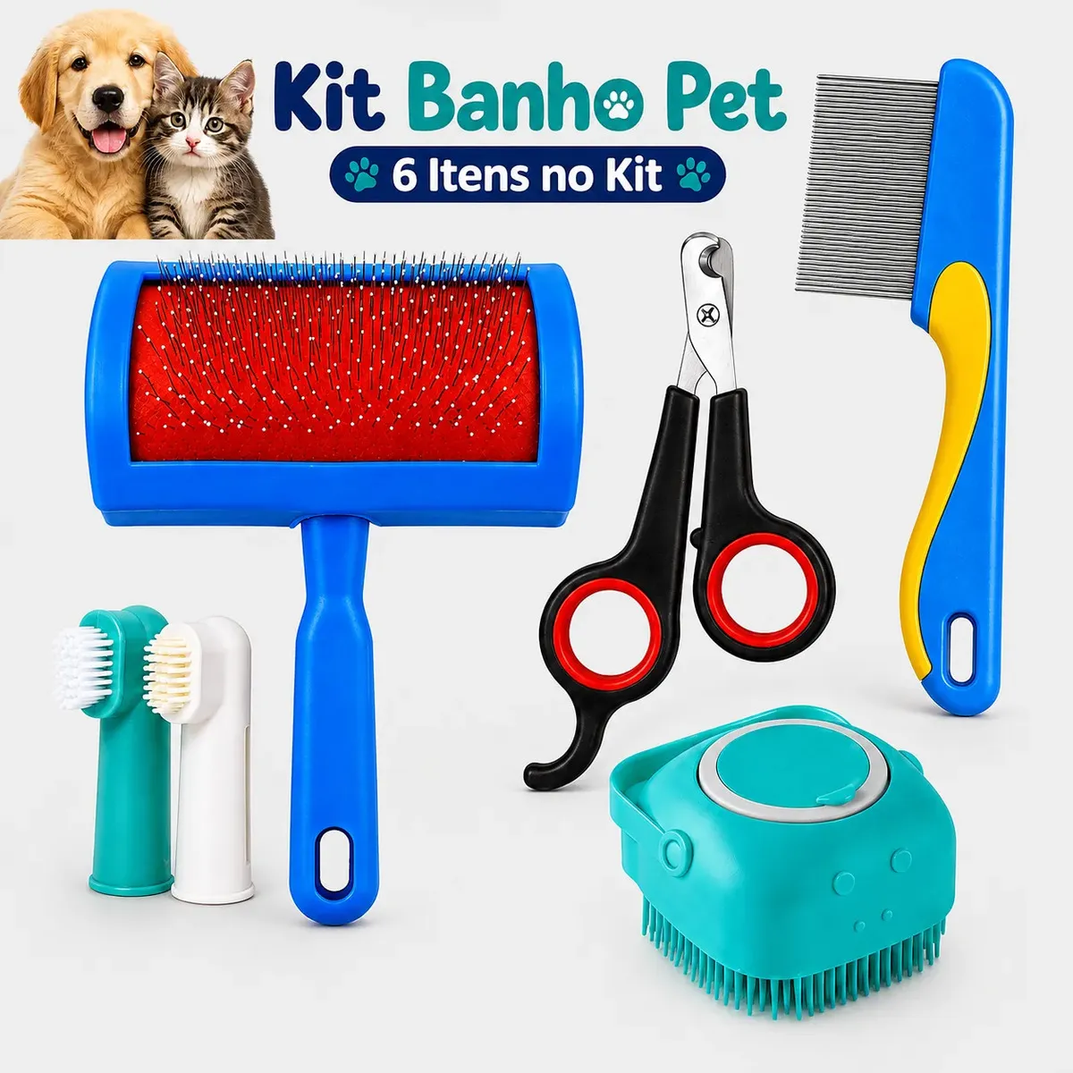 Kit Escova Pet 5 Em 1 Rasqueadeira Pente Fino Pulgas Dental Banho Cortador Unha Boa Dica