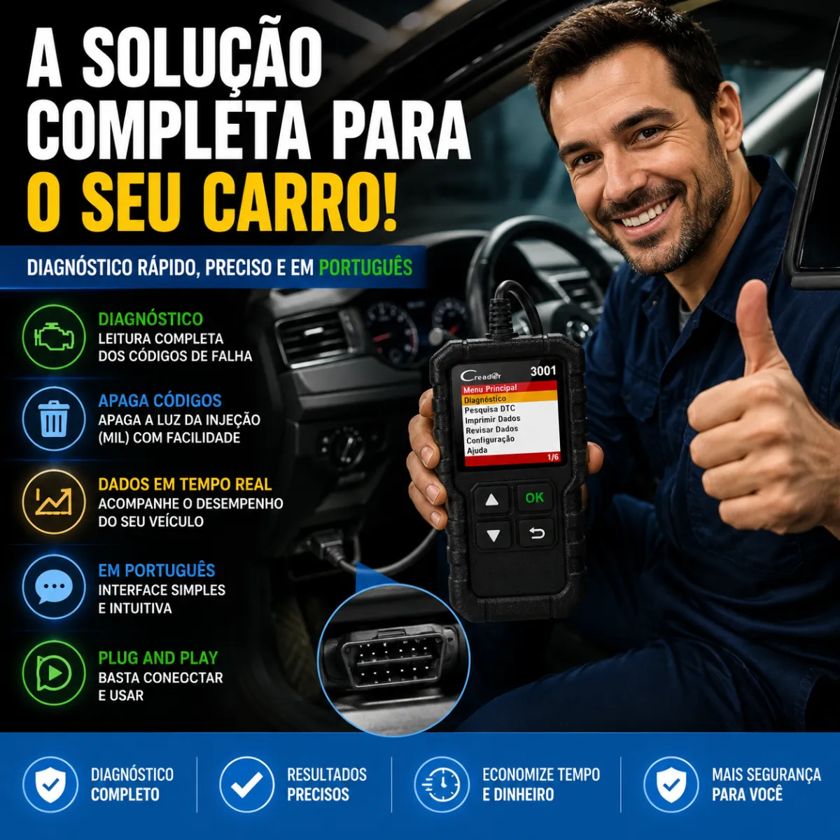 Scanner Automotivo Launch Cr3001 Obd2 Leitor Em Português